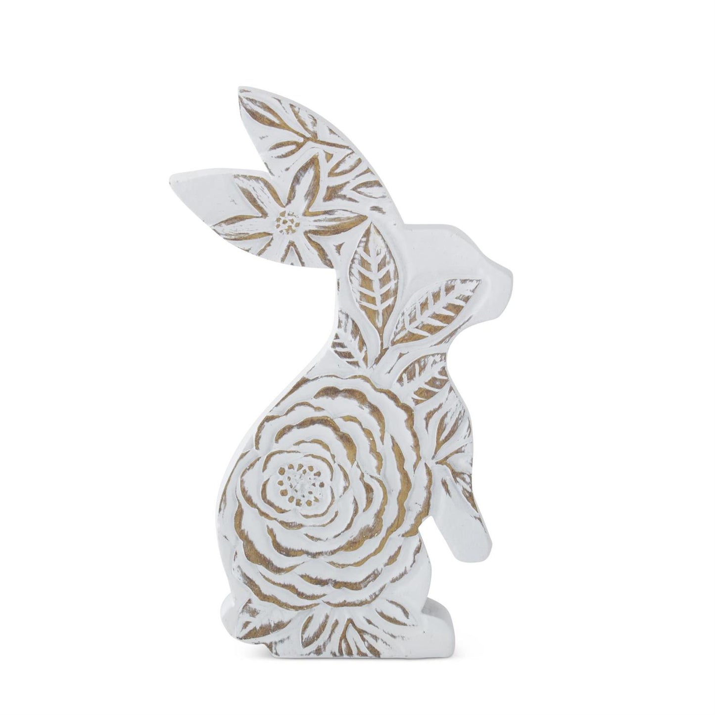 Resin Standing Whitewashed Floral Carved Resin Bunny