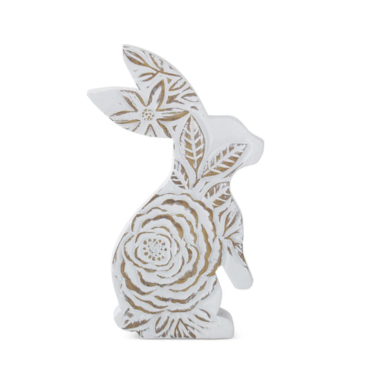 Resin Standing Whitewashed Floral Carved Resin Bunny