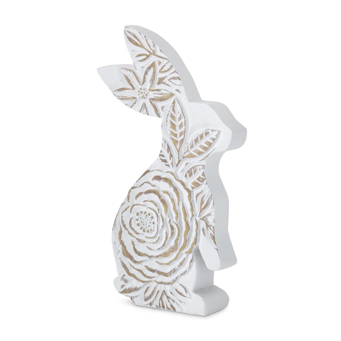 Resin Standing Whitewashed Floral Carved Resin Bunny