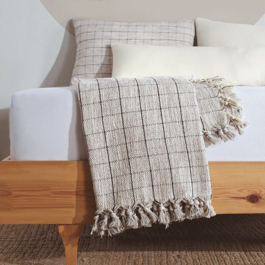 Minimalist 100% Cotton Throw Blanket - Grey Checked