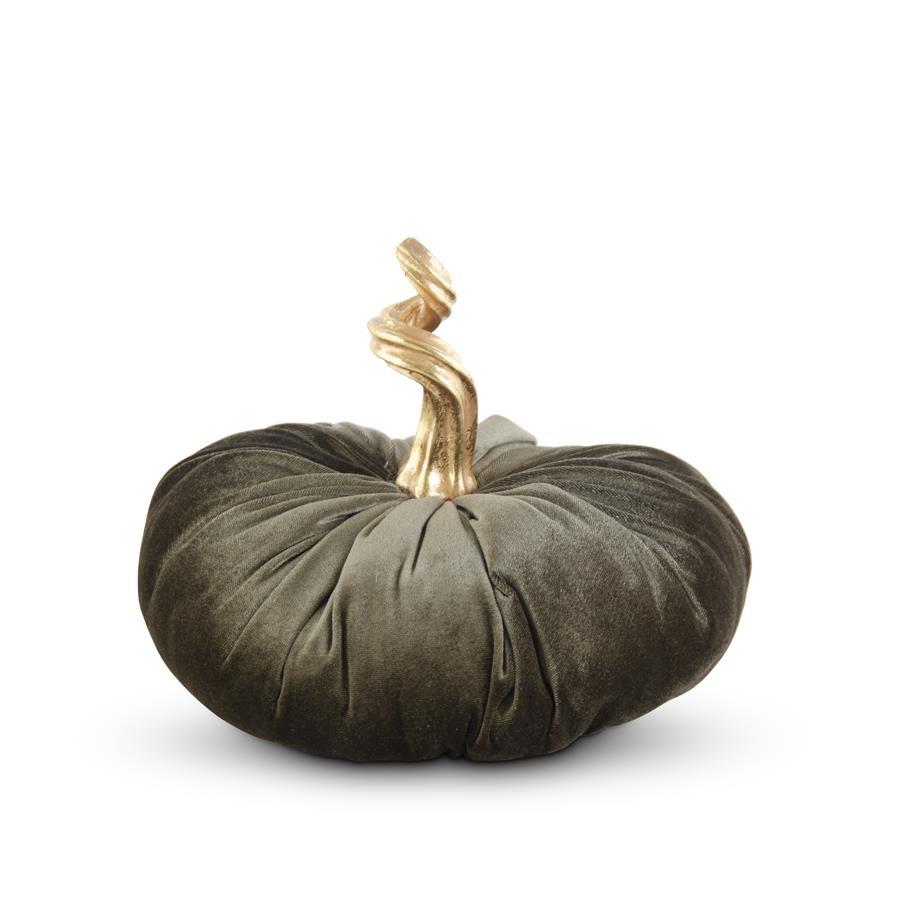 GREEN VELVET STUFFED PUMPKIN W/TWISTED GOLD STEM