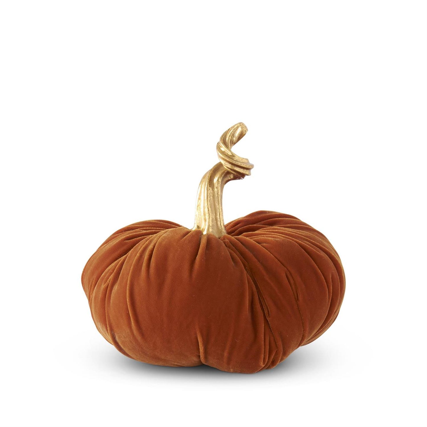 ORANGE VELVET STUFFED PUMPKIN W/TWISTED GOLD STEM