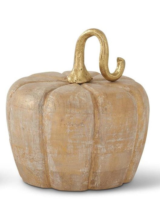 Distressed White & Gold Washed Wood Pumpkin