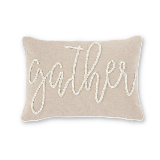 TAN WHITE BEADED GATHER PILLOW