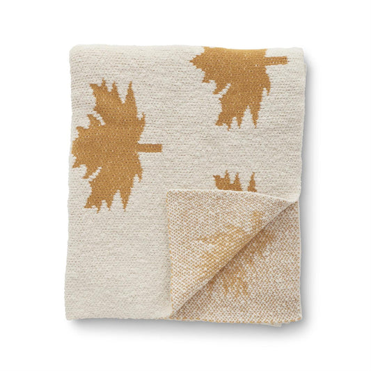 Cream Cotton Knit Yellow Leaves Throw Blanket