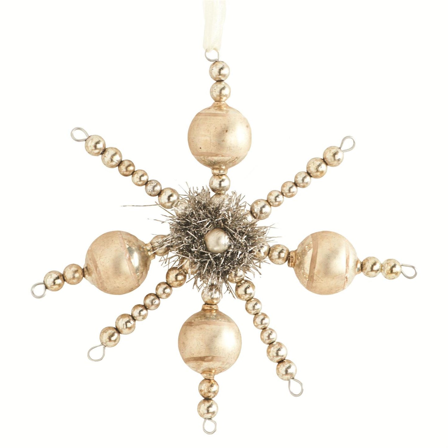Champagne Vintage Snowflake Ornament w/Tinsel