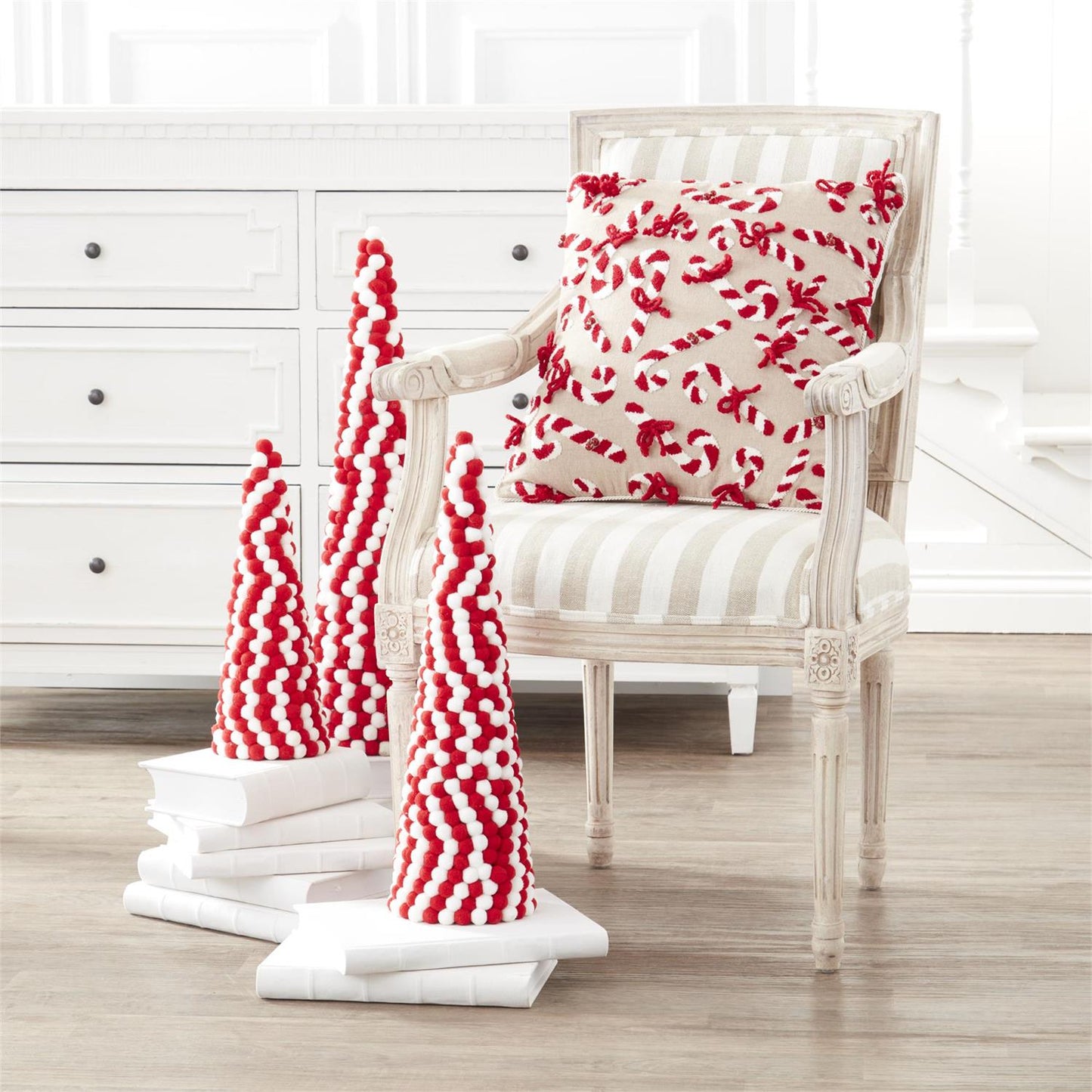 Piped Linen Pillow w/Chenille Candy Canes & Bells