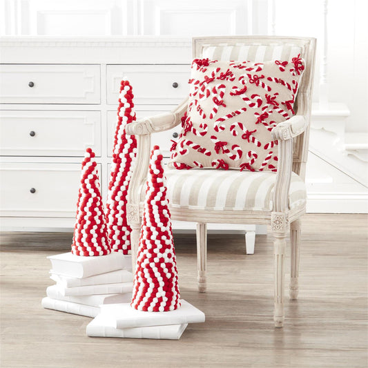 Piped Linen Pillow w/Chenille Candy Canes & Bells
