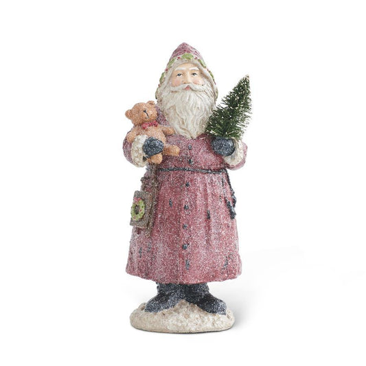 Vintage Resin Glittered Santa Holding Bear and Tree