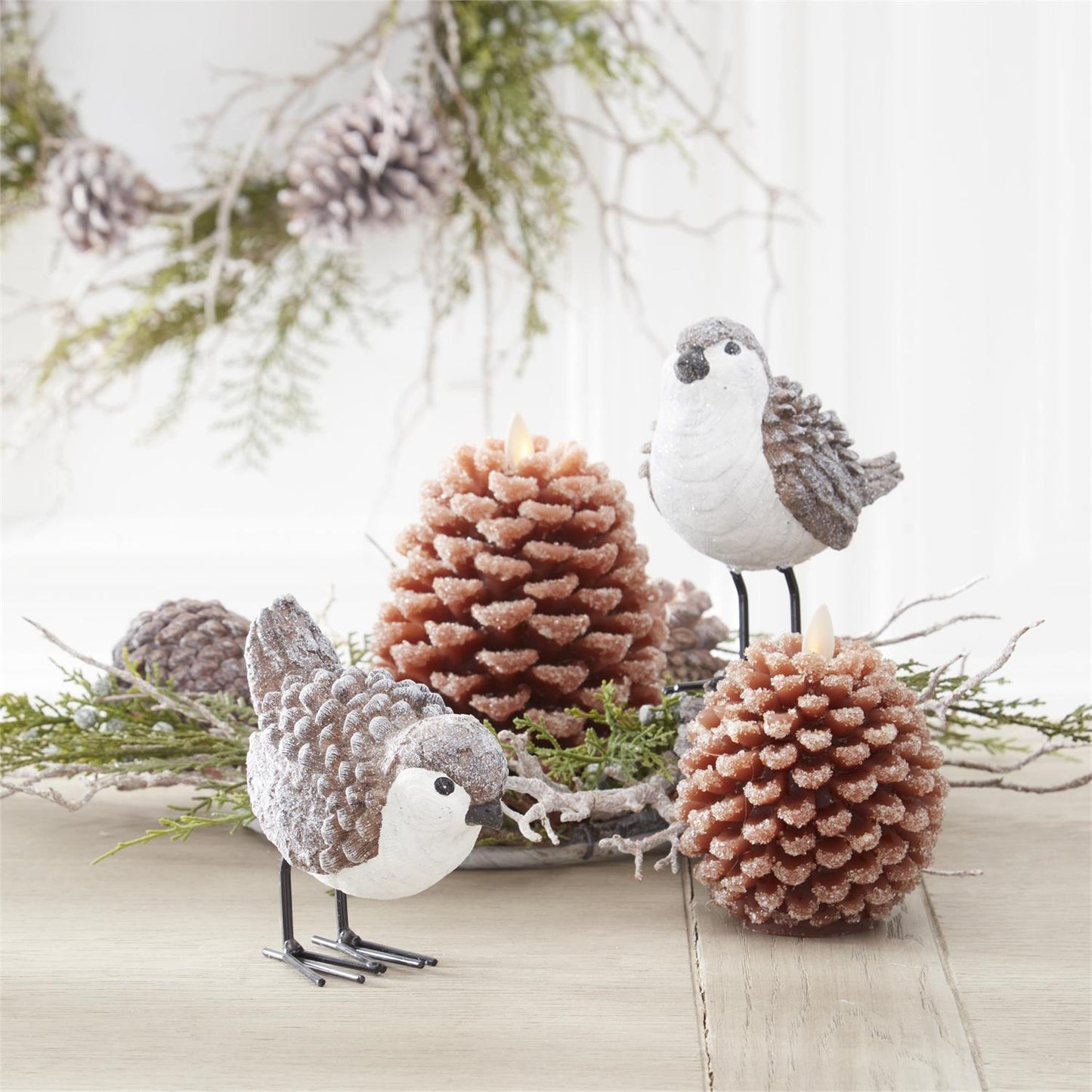 Brown and White Glittered Woodgrain Pinecone Bird