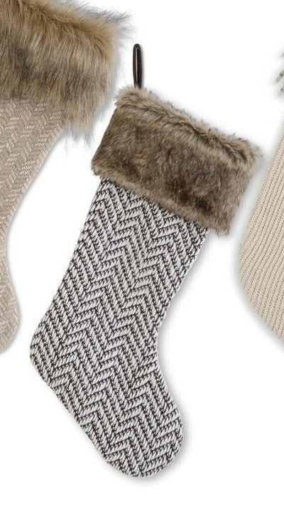 Brown Fabric Stocking w/Vegan Fur Trim