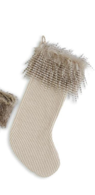 Cream Fabric Stocking w/Vegan Fur Trim