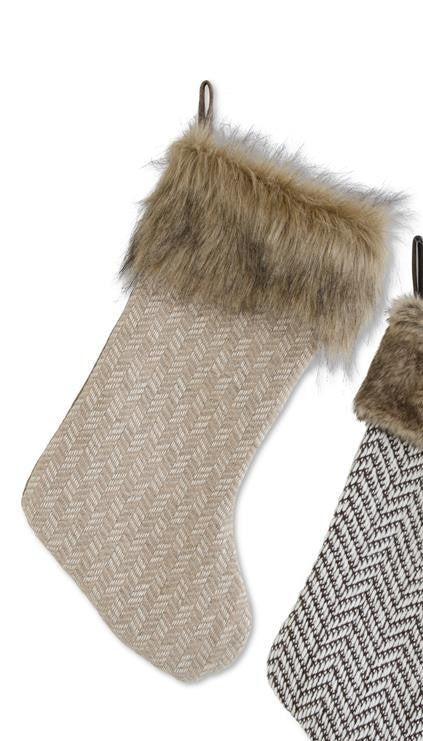 Tan Fabric Stocking w/Vegan Fur Trim