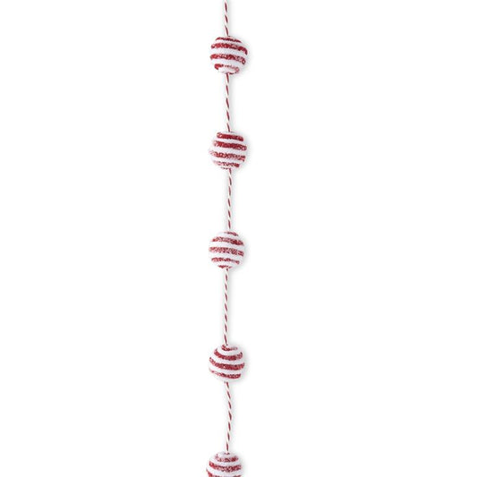 Glittered Snowy Red & White Yarn Striped Ball Garland
