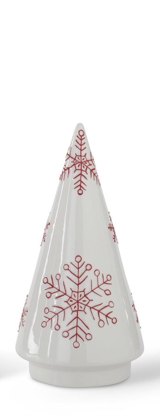 White Ceramic Cone Tree w/Red Snowflakes