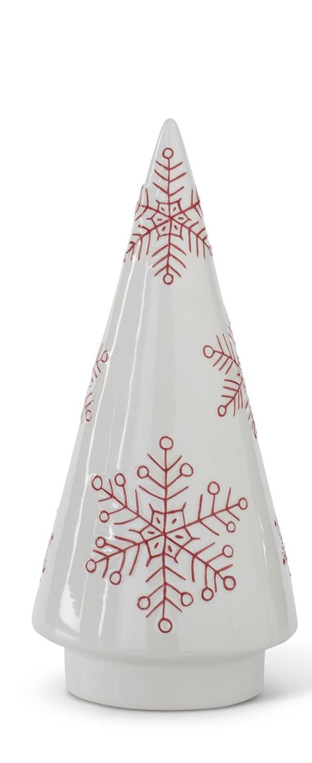White Ceramic Cone Tree w/Red Snowflakes