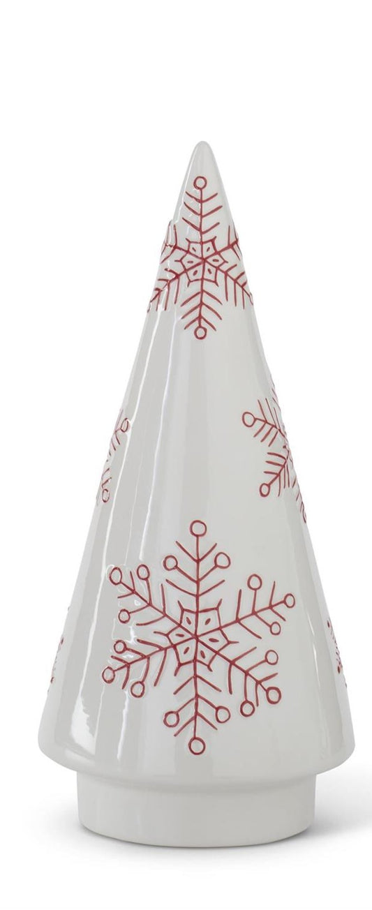 White Ceramic Cone Tree w/Red Snowflakes