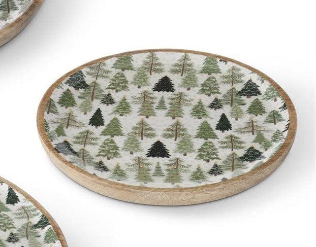 Wood Tray w/Christmas Trees Enameled Interior
