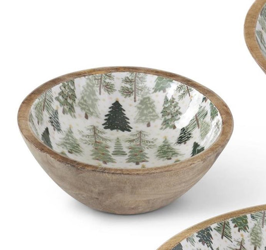 Wood Bowl w/Christmas Trees Enameled Interior