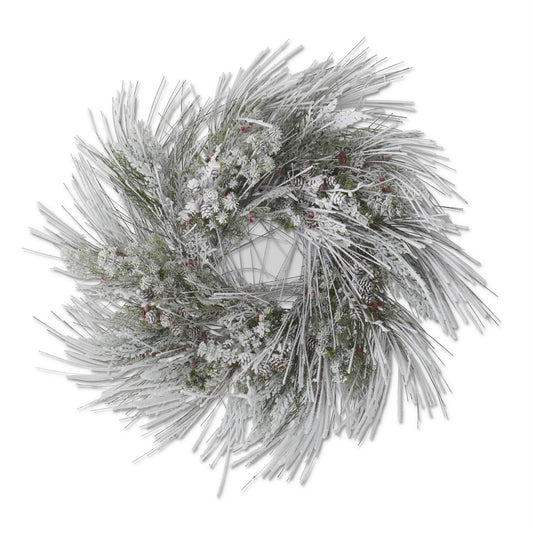 Flocked Long Needle Pine Wreath w/Red Berries & Mini Pinecones