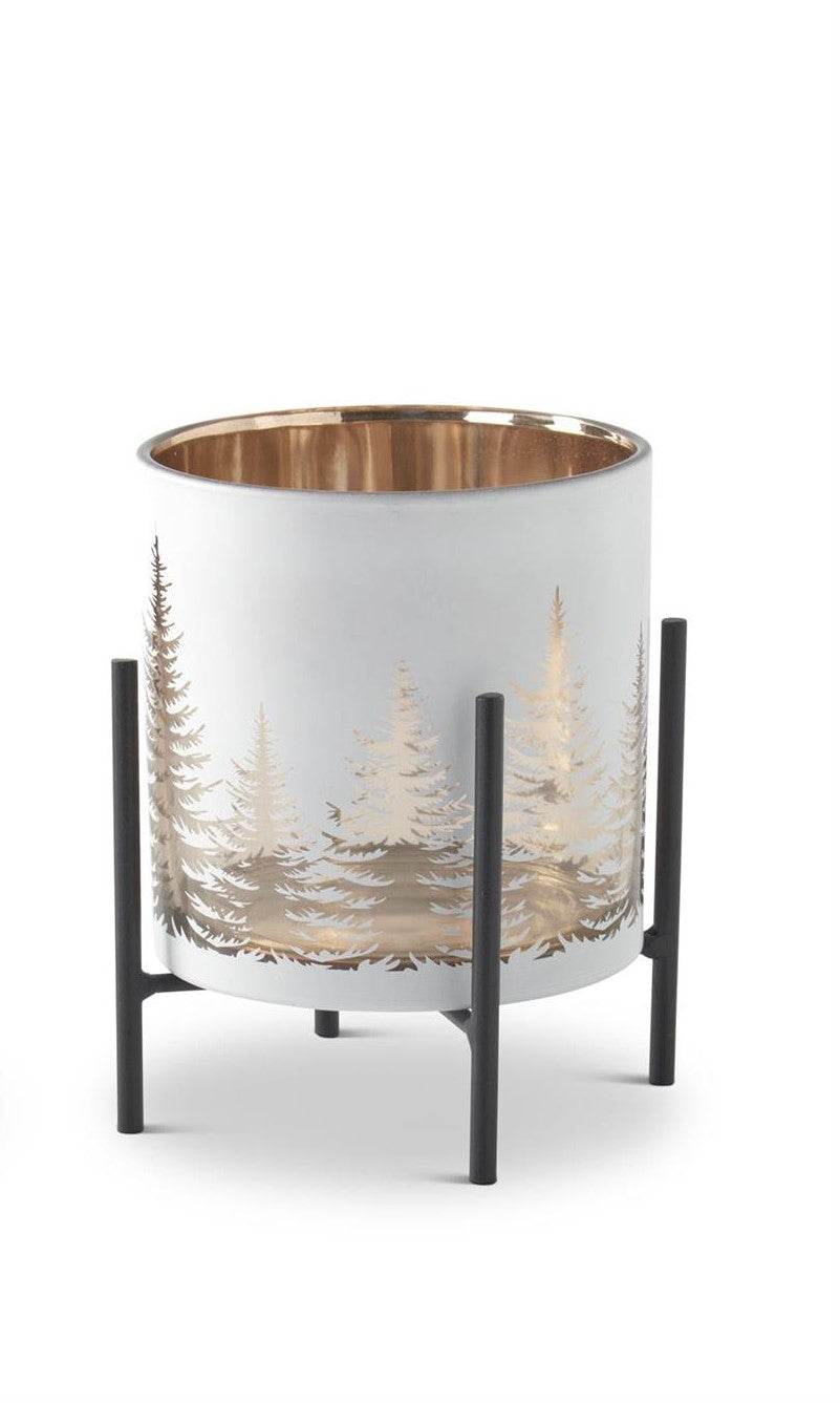 White Glass Candleholder on Metal Stand w/Tree Cutout