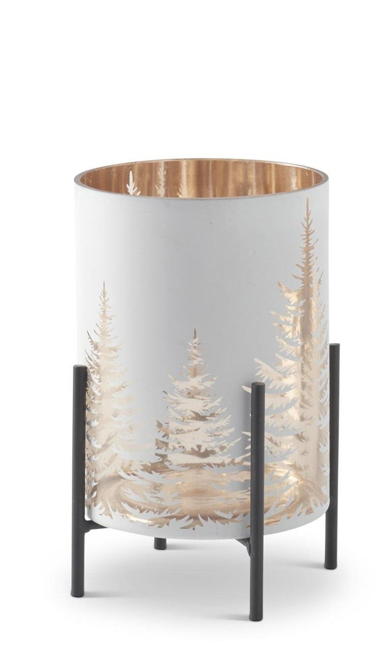 White Glass Candleholder on Metal Stand w/Tree Cutout