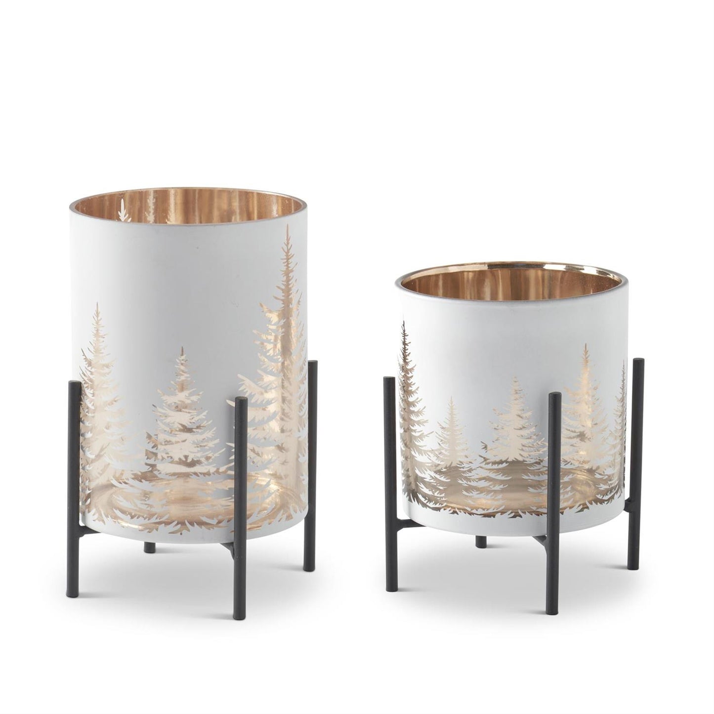 White Glass Candleholder on Metal Stand w/Tree Cutout