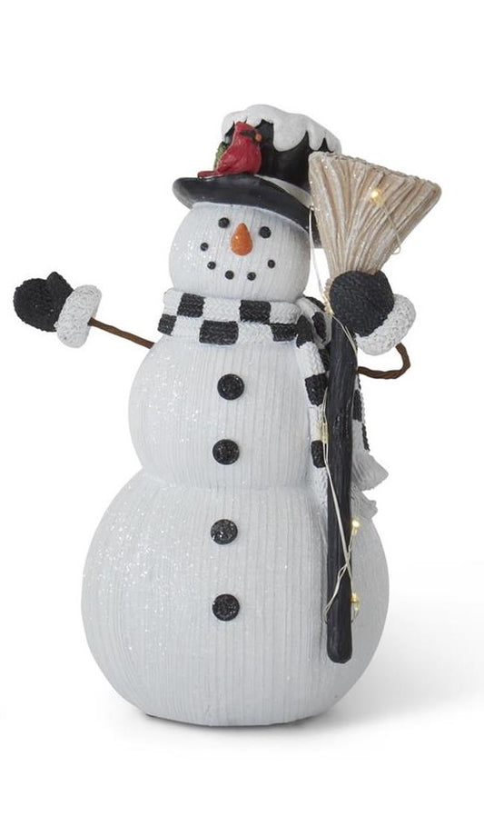 Resin White Glittered Woodgrain LED Snowman w/Timer