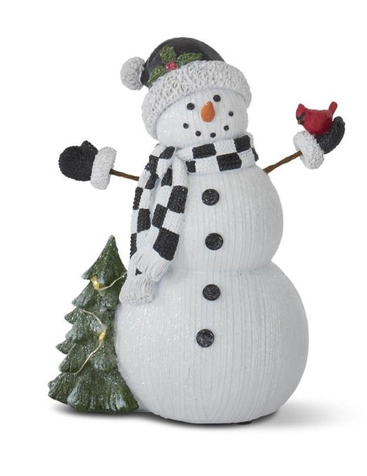 Resin White Glittered Woodgrain LED Snowman w/Timer