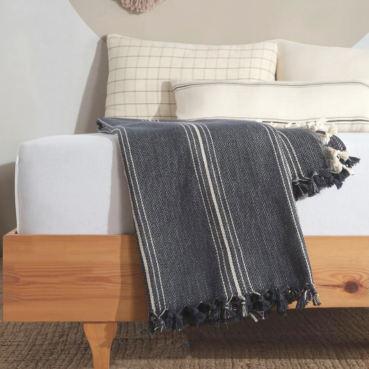 Minimalist 100% Cotton Throw Blanket: Navy Blue with Stripes