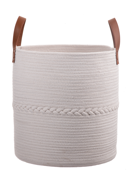 Round White Basket with Braid Accent