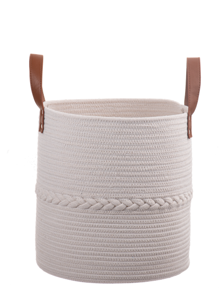 Round White Basket with Braid Accent