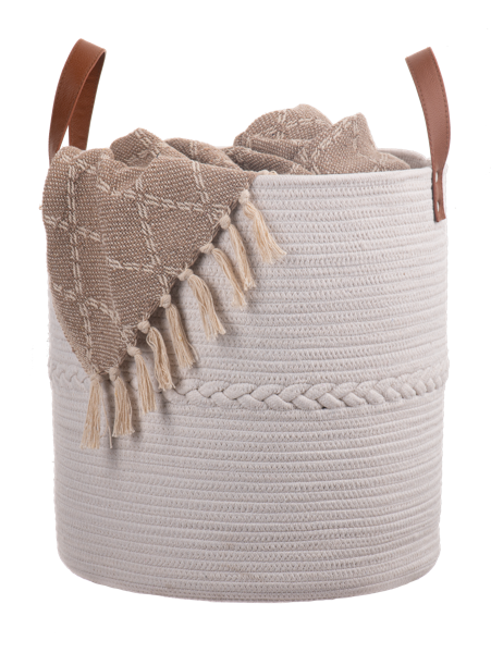 Round White Basket with Braid Accent