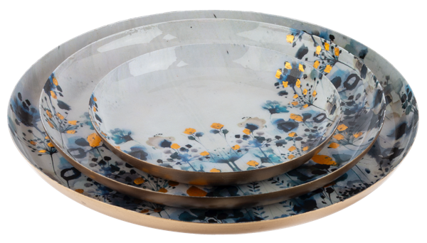Round Blue & Gold Floral Tray