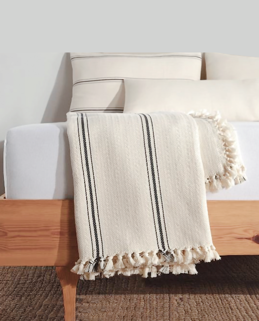 Minimalist 100% Cotton Throw Blanket - Cream With Black Stripes