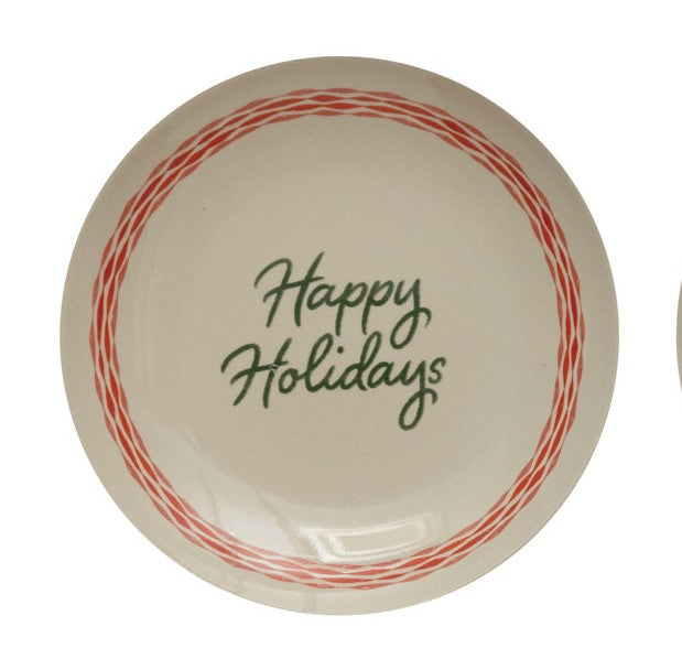 8" Round Stoneware Plate with Holiday Greeting